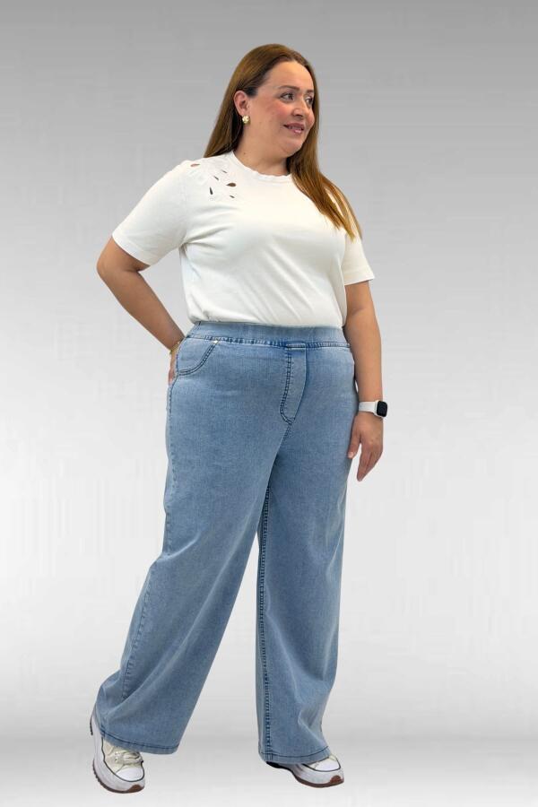 9182-10 Büyük Beden Bolpaça Beli Lastikli Kot Pantolon - Kar Yıkama Buz Mavi - 2