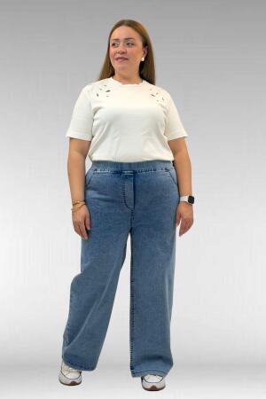 9182-10 Büyük Beden Bolpaça Beli Lastikli Kot Pantolon - Kar Yıkama Mavi - 2