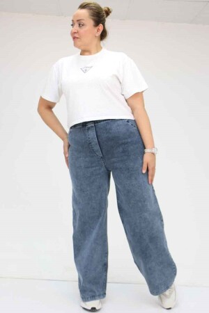 9182-7 Büyük Beden Beli Lastikli Bol Paça Kot Pantolon - Kar Yıkama Lacivert - 1