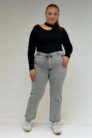 9185-4 Büyük Beden Taşlamalı Boru Paça Kot Pantolon -Kar Yıkama Gri - 