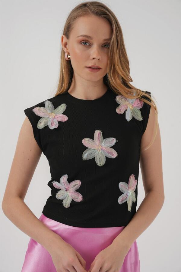 930 Kısa Kol Desenli Crop Bluz - Siyah - 1