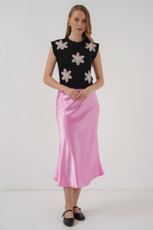 930 Kısa Kol Desenli Crop Bluz - Siyah - 2