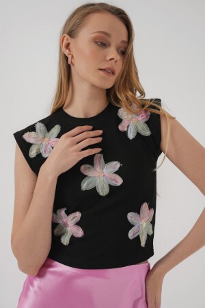 930 Kısa Kol Desenli Crop Bluz - Siyah - 3