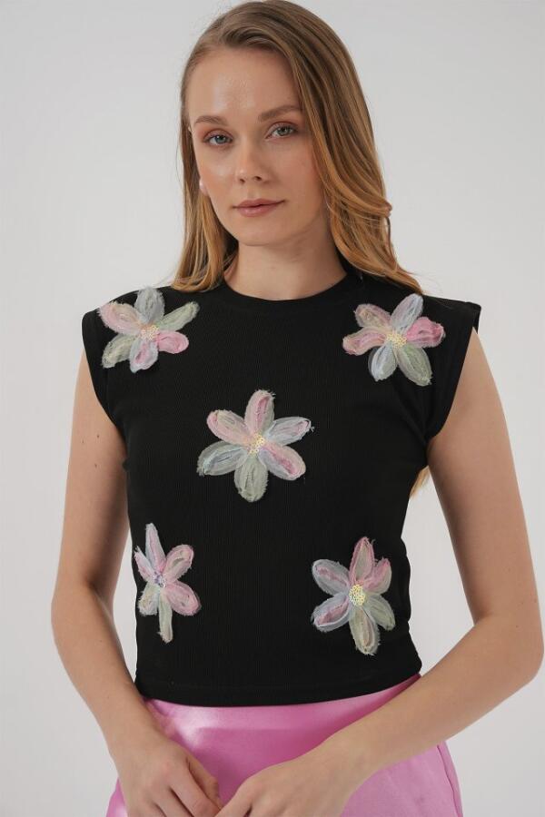 930 Kısa Kol Desenli Crop Bluz - Siyah - 4