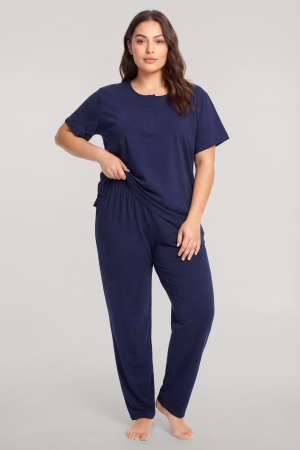 Akbeniz Büyük Beden Düğmeli Kısa Kollu Pijama Takımı Lacivert - 1