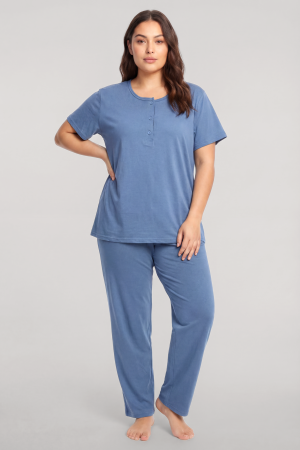 Akbeniz Büyük Beden Düğmeli Kısa Kollu Pijama Takımı Mavi - 1