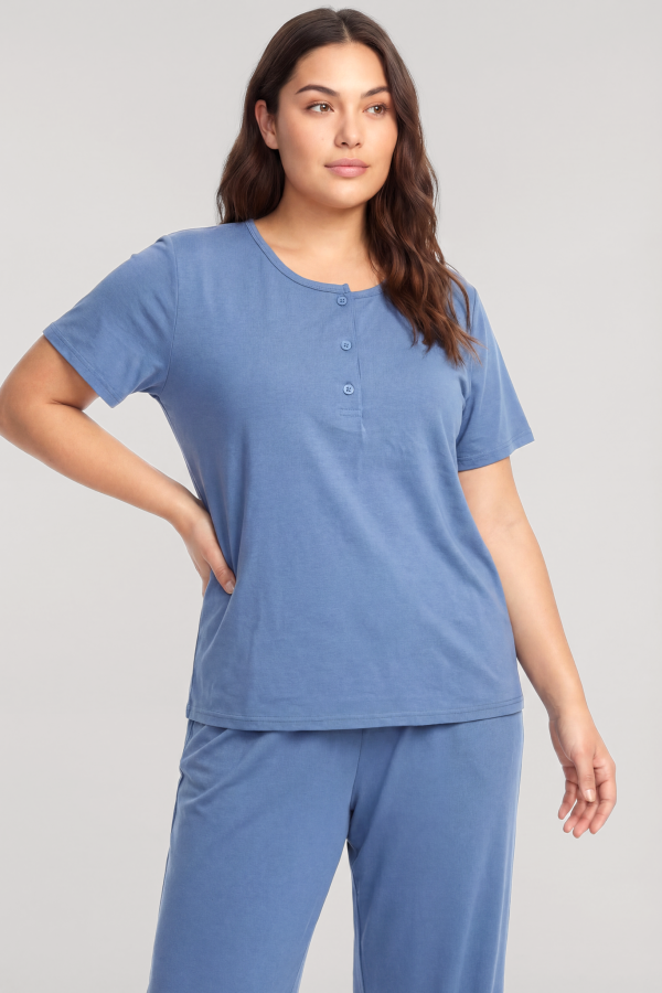 Akbeniz Büyük Beden Düğmeli Kısa Kollu Pijama Takımı Mavi - 2