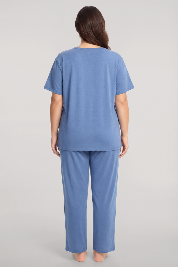 Akbeniz Büyük Beden Düğmeli Kısa Kollu Pijama Takımı Mavi - 4