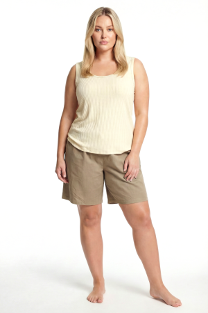 Büyük Beden Fitilli Şortlu Atletli Kadın Pijama Takımı – Bej - Angelino (1)