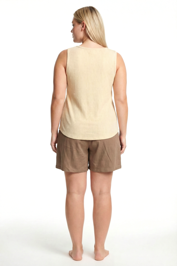 Büyük Beden Fitilli Şortlu Atletli Kadın Pijama Takımı – Bej - 3