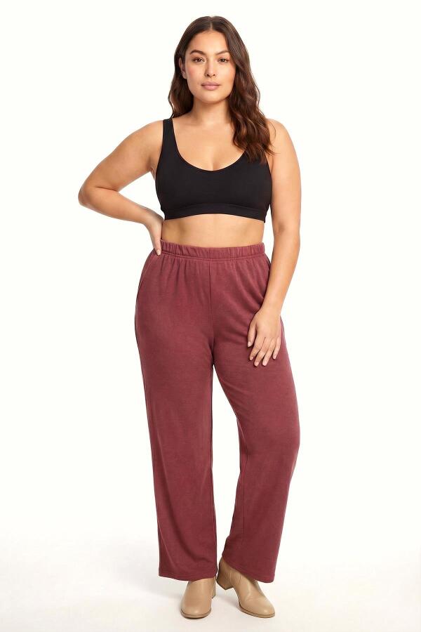Kadın Bordo Dokulu Büyük Beden Cepli Pijama Altı - 1