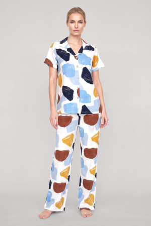 Akbeniz Kadın Ekru Desenli Klasik Gömlek Yaka Pijama Takımı - 