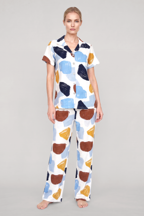 Akbeniz Kadın Ekru Desenli Klasik Gömlek Yaka Pijama Takımı - 1