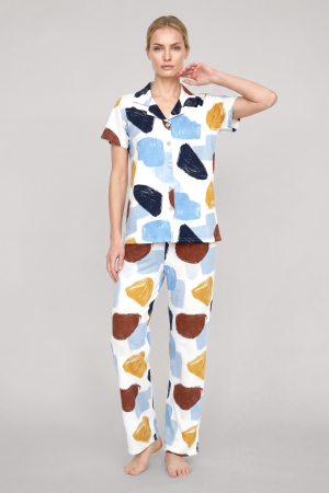 Akbeniz Kadın Ekru Desenli Klasik Gömlek Yaka Pijama Takımı - 3