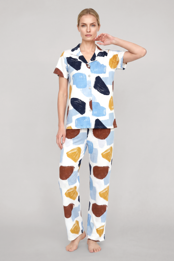 Akbeniz Kadın Ekru Desenli Klasik Gömlek Yaka Pijama Takımı - 3