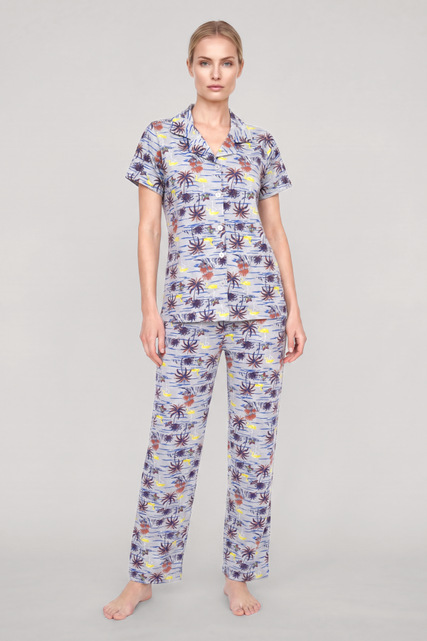 Akbeniz Kadın Gri Desenli Klasik Gömlek Yaka Pijama Takımı - 1