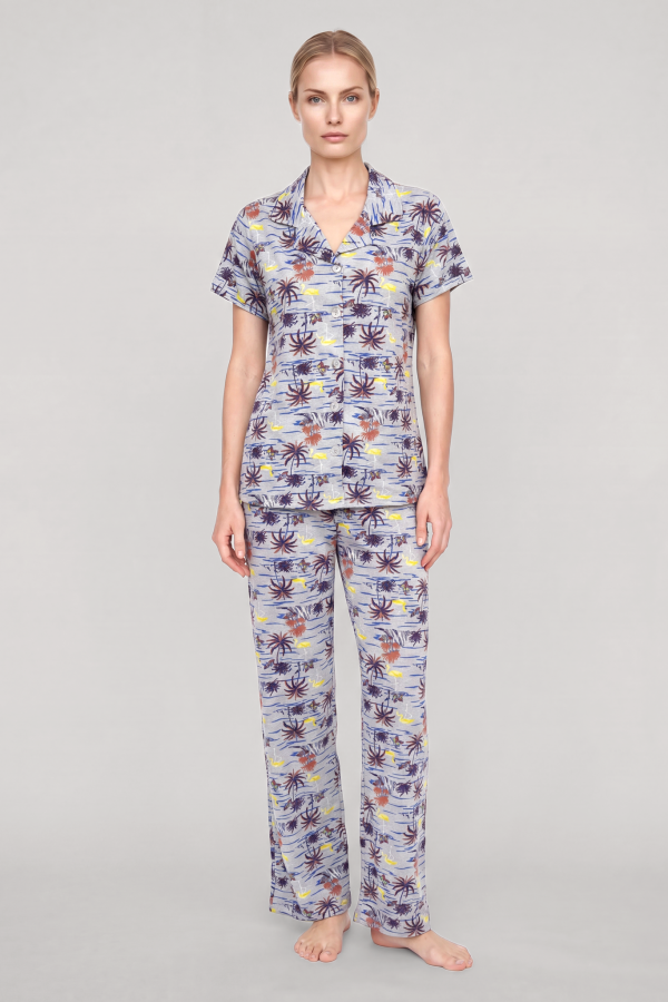 Akbeniz Kadın Gri Desenli Klasik Gömlek Yaka Pijama Takımı - 2