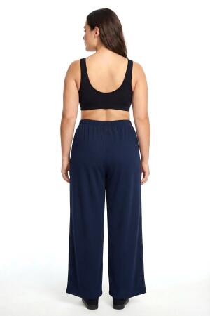 Kadın Lacivert Dokulu Büyük Beden Cepli Pijama Altı - 3