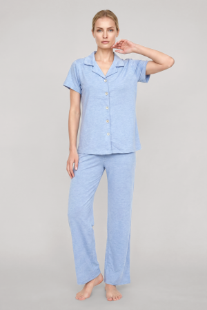 Akbeniz Kadın Mavi Klasik Gömlek Yaka Pijama Takımı - (1)