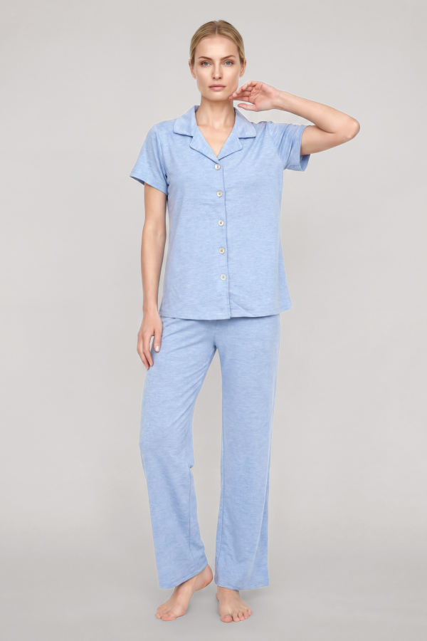 Akbeniz Kadın Mavi Klasik Gömlek Yaka Pijama Takımı - 2