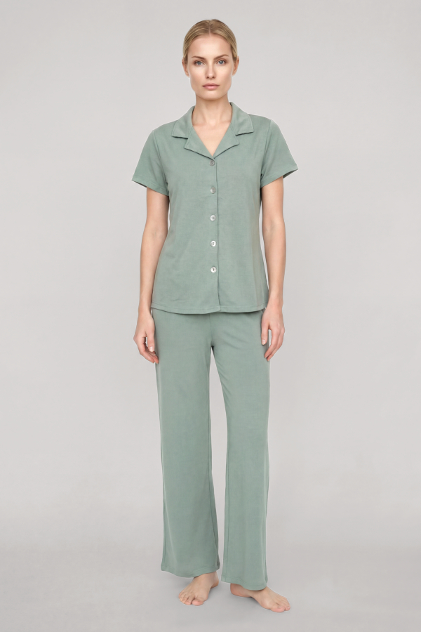 Akbeniz Kadın Mint Yeşili Klasik Gömlek Yaka Pijama Takımı - 1