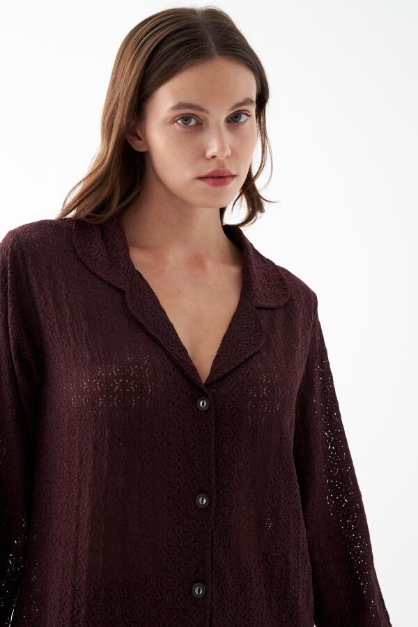 Kadın Mürdüm Önden Düğmeli Rahat Kesim Pijama Takımı - 4