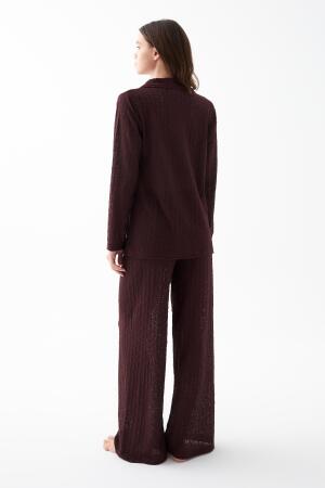 Kadın Mürdüm Önden Düğmeli Rahat Kesim Pijama Takımı - 5