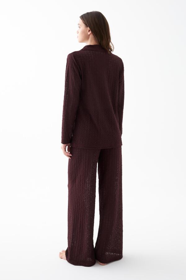 Kadın Mürdüm Önden Düğmeli Rahat Kesim Pijama Takımı - 5