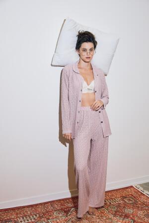 Kadın Pembe Önden Düğmeli Rahat Kesim Pijama Takımı - 1