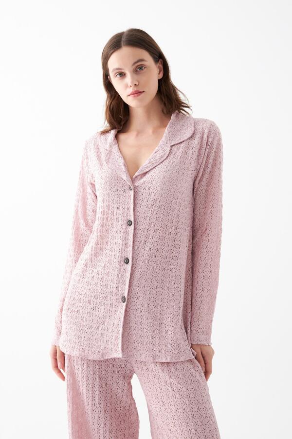 Kadın Pembe Önden Düğmeli Rahat Kesim Pijama Takımı - 2