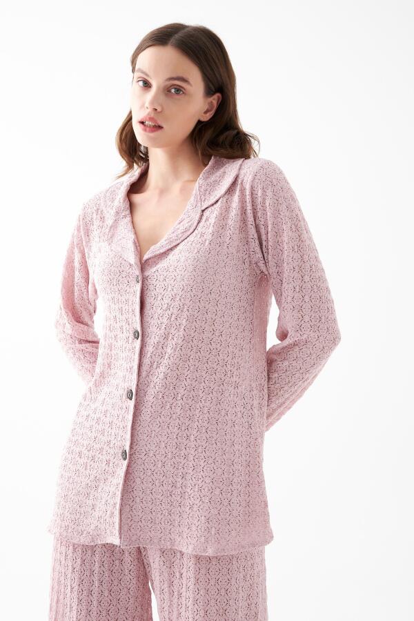 Kadın Pembe Önden Düğmeli Rahat Kesim Pijama Takımı - 4