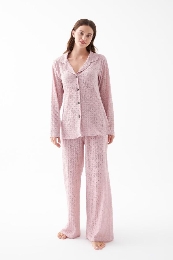 Kadın Pembe Önden Düğmeli Rahat Kesim Pijama Takımı - 5
