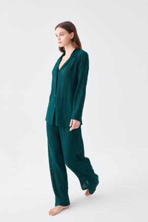 Kadın Zümrüt Yeşili Önden Düğmeli Rahat Kesim Pijama Takımı - 3