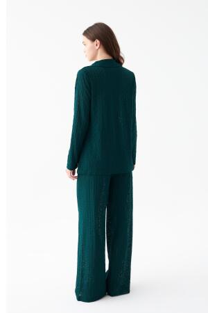 Kadın Zümrüt Yeşili Önden Düğmeli Rahat Kesim Pijama Takımı - 5