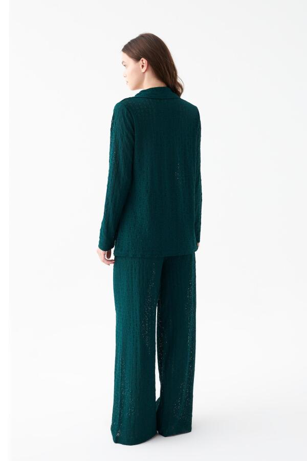 Kadın Zümrüt Yeşili Önden Düğmeli Rahat Kesim Pijama Takımı - 5