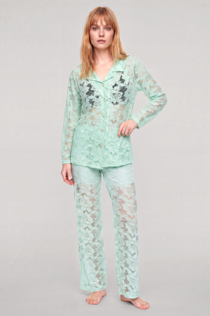Akbeniz Zarif Dantel İşlemeli Düğmeli Kadın Pijama Takımı – Mint Yeşili - 