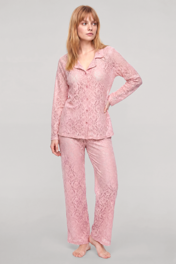 Akbeniz Zarif Dantel İşlemeli Düğmeli Kadın Pijama Takımı – Toz Pembe - 1