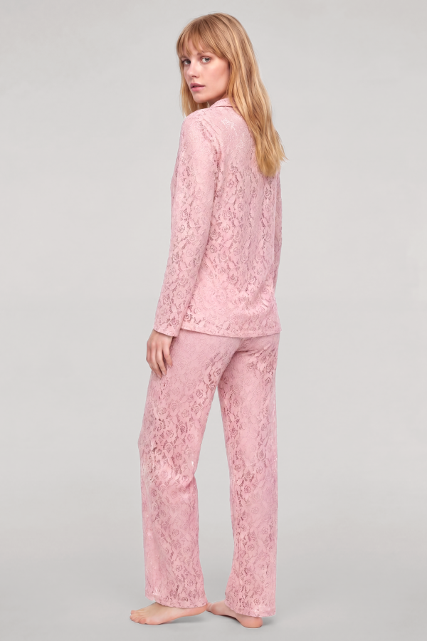 Akbeniz Zarif Dantel İşlemeli Düğmeli Kadın Pijama Takımı – Toz Pembe - 3