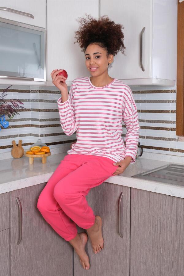 Angelino Underwear Women's Long Sleeve 3 Thread Combed Cotton Pajama Set 4179 - 3