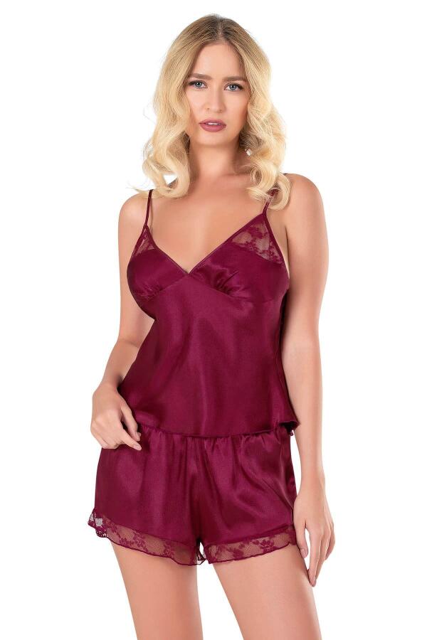 Angelino Bordo Saten Babydoll Şort Takımı - 1