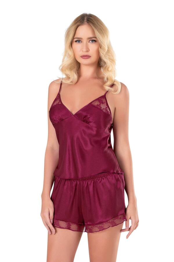 Angelino Bordo Saten Babydoll Şort Takımı - 2
