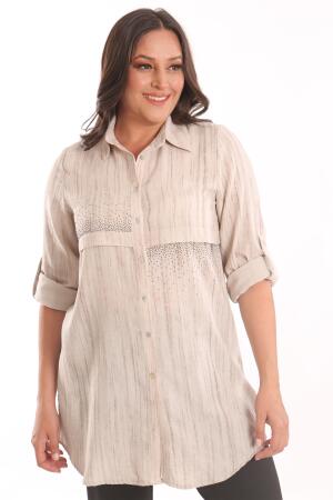 Angelino Büyük Beden Bej Taş Baskılı Allerli Gömlek - Angelino Moda