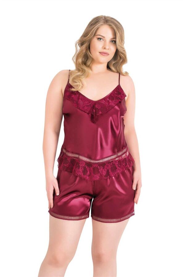 Angelino Büyük Beden Bordo Saten Babydoll Şort Takımı - 1