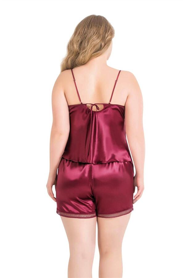 Angelino Büyük Beden Bordo Saten Babydoll Şort Takımı - 2