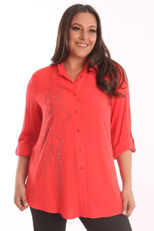 Angelino Büyük Beden Coral Taş Baskılı Dokuma Gömlek - Angelino Moda