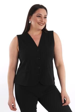 Angelino Büyük Beden Düğme Detaylı Siyah Yelek - 3