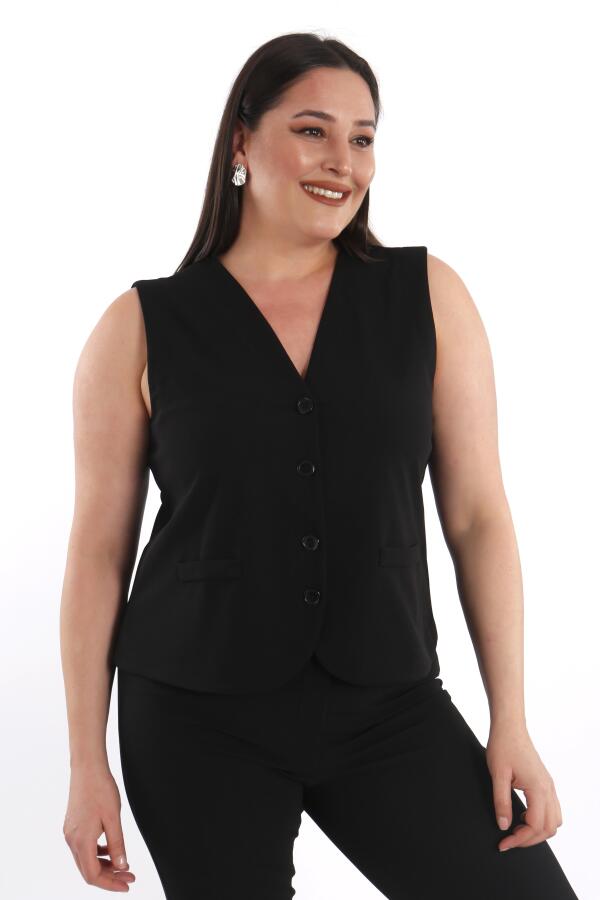Angelino Büyük Beden Düğme Detaylı Siyah Yelek - 3