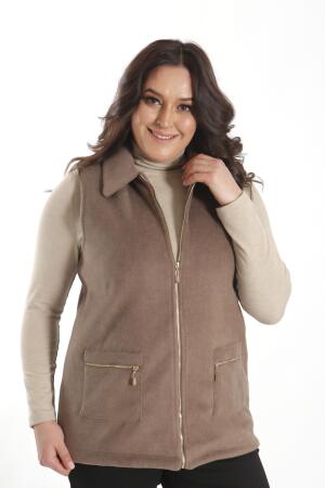 Büyük Beden Fermuarlı Cep Detaylı Kaşe Vizon Yelek - Angelino Moda