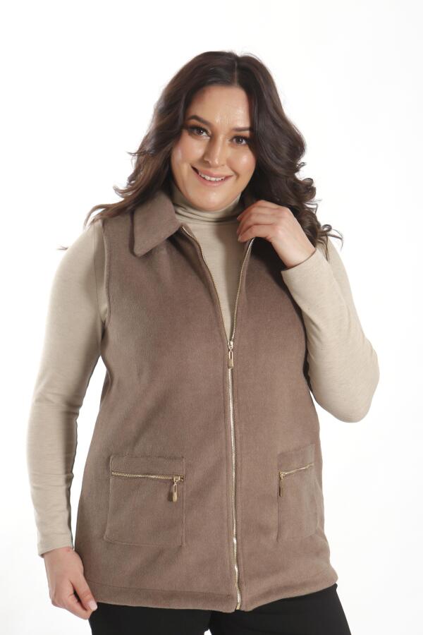 Büyük Beden Fermuarlı Cep Detaylı Kaşe Vizon Yelek - 1