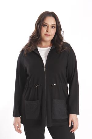 Angelino Büyük Beden Fermuarlı Kapüşonlu Siyah Trenç - Angelino Moda